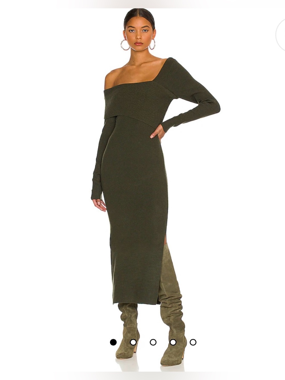 Line & Dot Silvie Ribbed Midi Dress Sweater Dress Olive Green Off-Shoulder